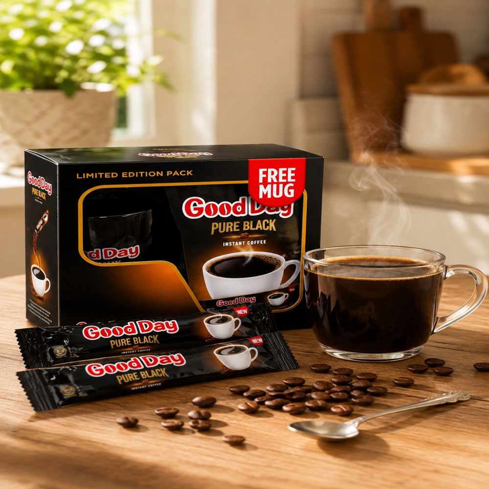 قهوه فوری 700 گرمی گود دی مدل Pure Black بسته 40 ساشه همراه لیوان 
