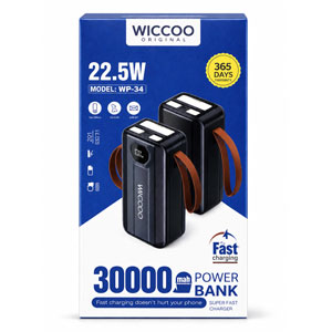پاوربانک ویکو مدل WP-34 ظرفیت 30000 میلی‌آمپر | اورجینال
